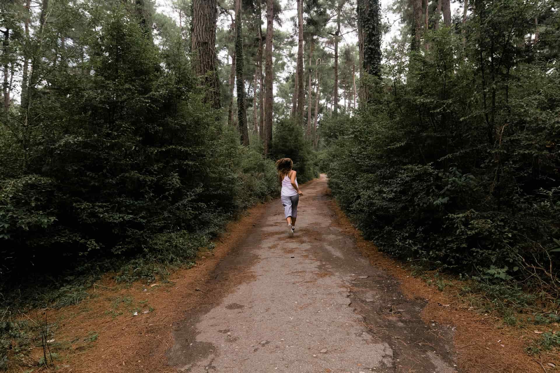 Runner on a shaded dirt trail through dense trees